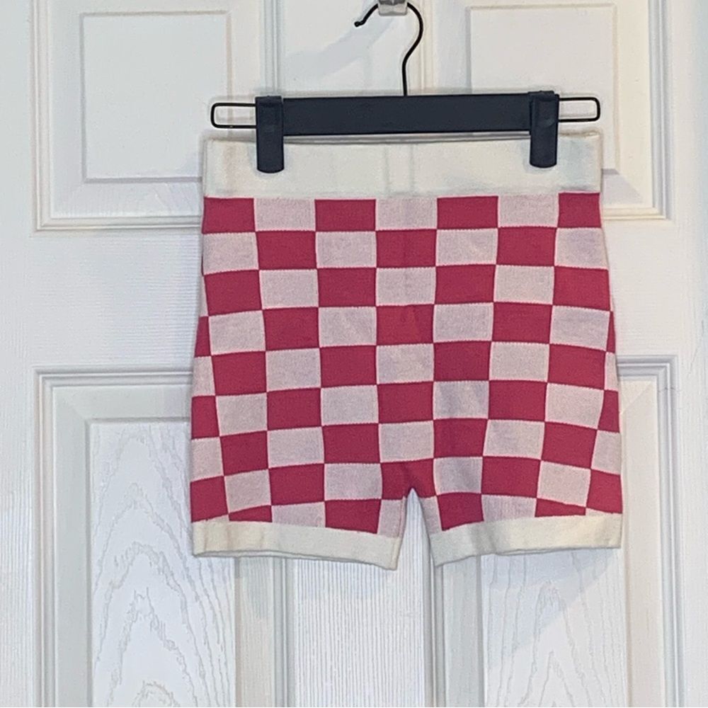 White Fox What About Us Mini Knit Shorts Pink Check Size Small